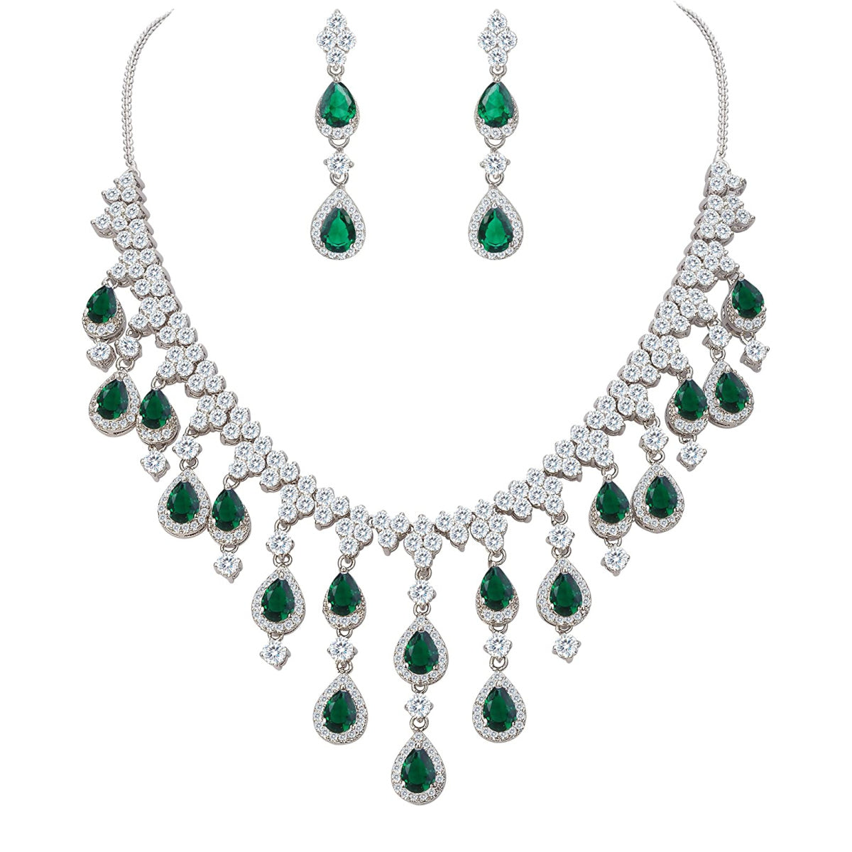 White gold finish pearcut green emerald and created diamond droplet necklace and earrings set