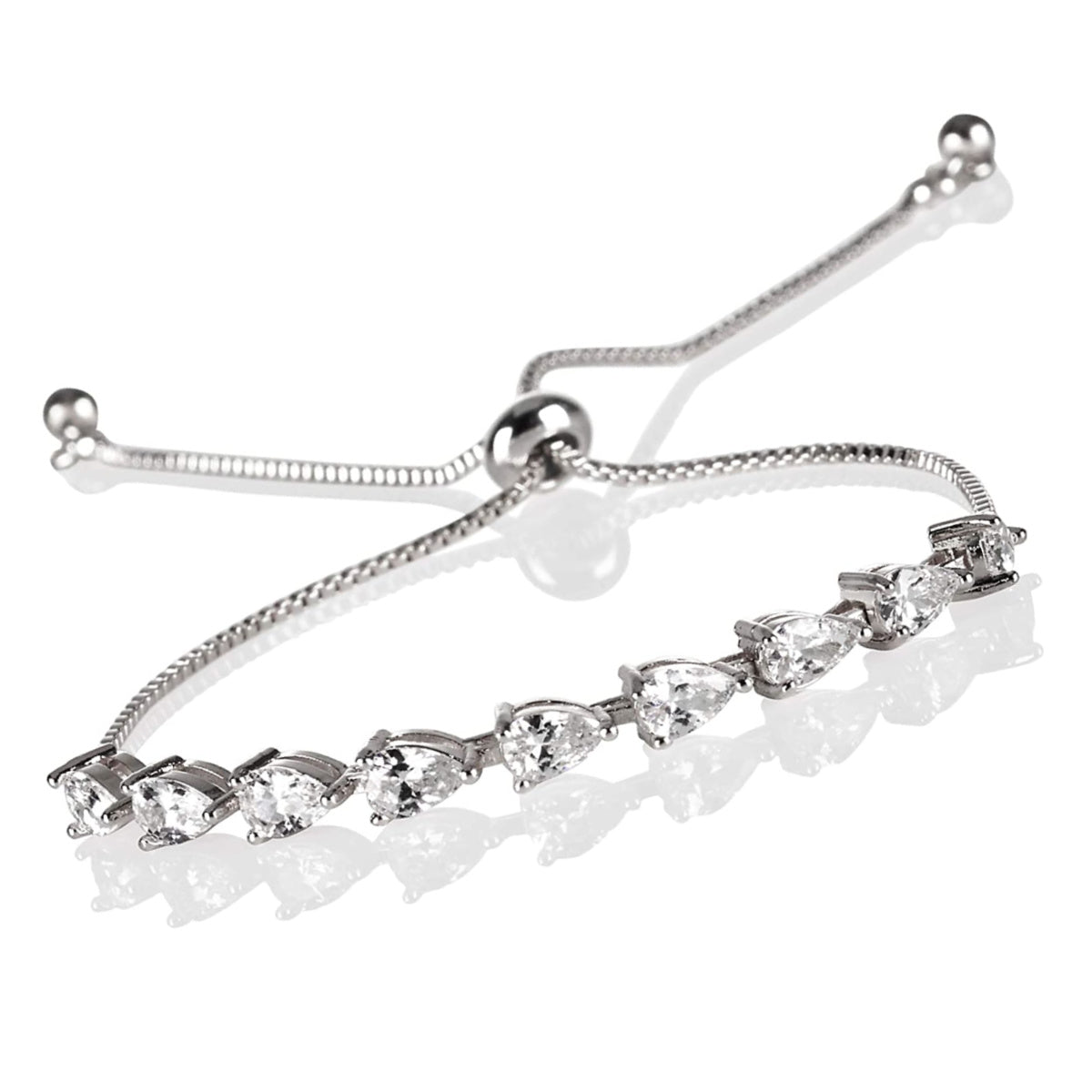 SIGNATURE – Rhodium Plated Linear Pear Shapes Created Diamond Adjustable Bracelets for Womens