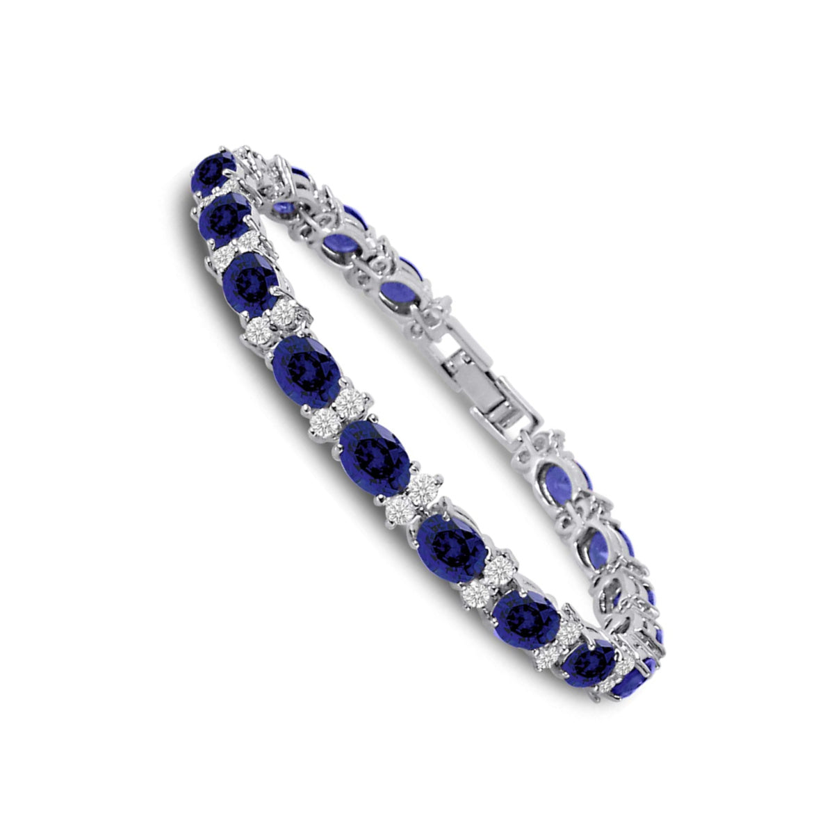 RIVIERA – White Gold Finish Tennis Bracelet Blue Sapphire Oval Gemstone With Created Diamonds