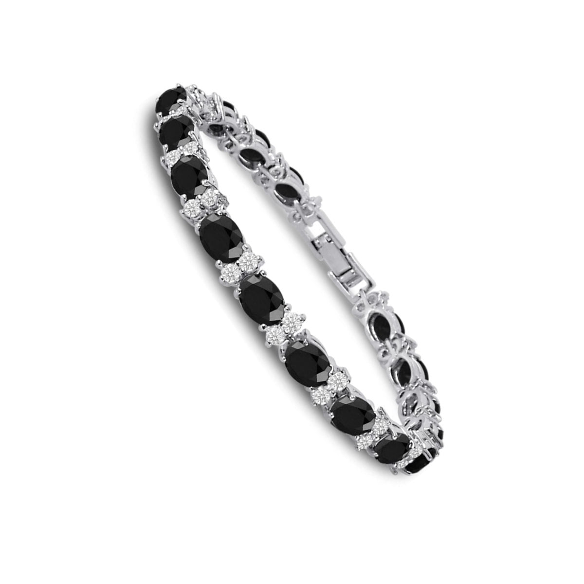 RIVIERA – White Gold Finish Tennis Bracelet Black Oval Gemstone With Created Diamonds