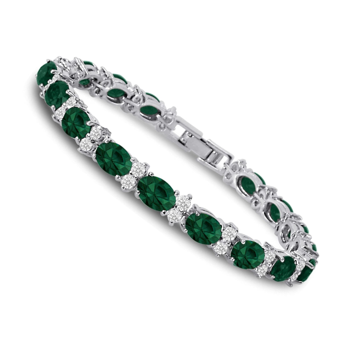 RIVIERA – White Gold Finish Tennis Bracelet Green Emerald Oval Gemstone With Created Diamonds