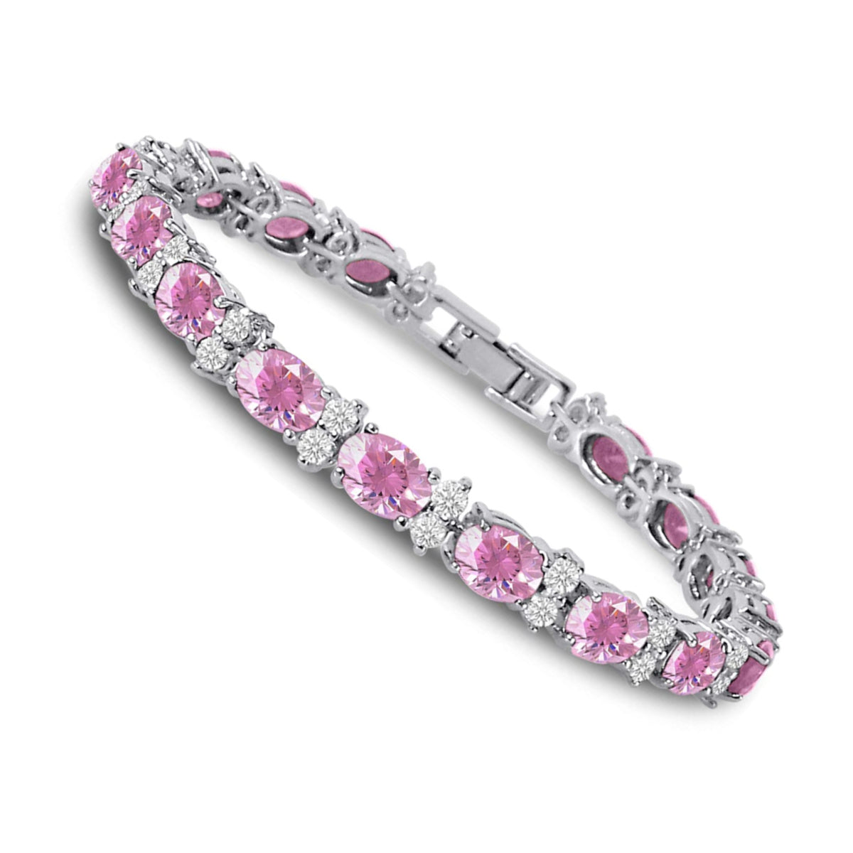 RIVIERA – White Gold Finish Tennis Bracelet Pink Oval Gemstone With Created Diamonds