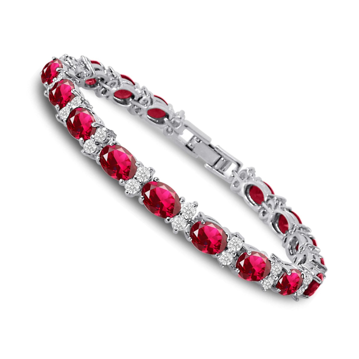 RIVIERA – White Gold Finish Tennis Bracelet Red Ruby Oval Gemstone With Created Diamonds