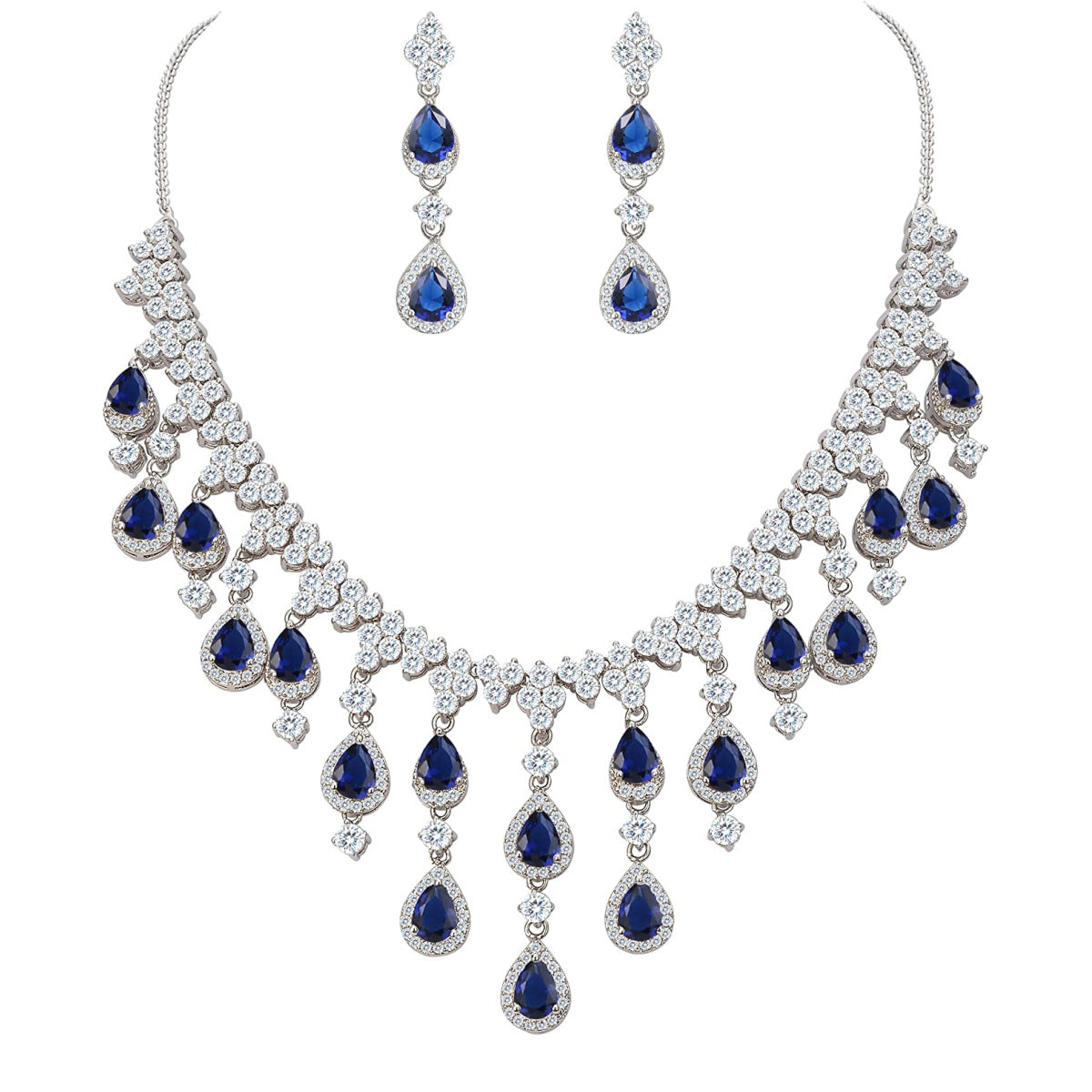 White gold finish pear cut sapphire and created diamond necklace