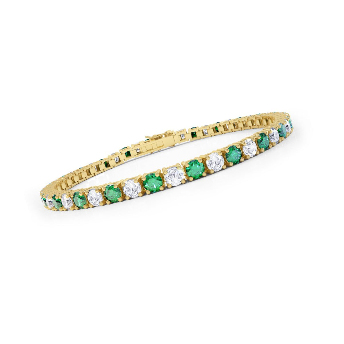 Yellow Gold Finish Created Diamond Green Emerald Round Cut Tennis Bracelet