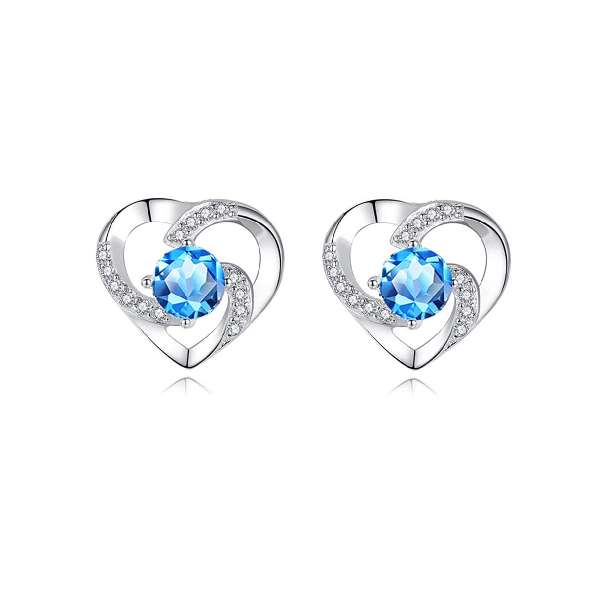 Amour – WHITE GOLD FINISH 925 Sterling Silver Round Cut Blue Topaz Created Diamond Heart Swirl Earrings