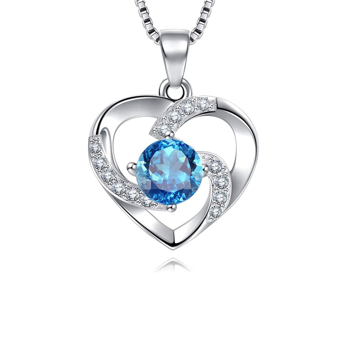 Amour – WHITE GOLD FINISH 925 Sterling Silver Round Cut Blue Topaz Created Diamond Heart Swirl Necklace