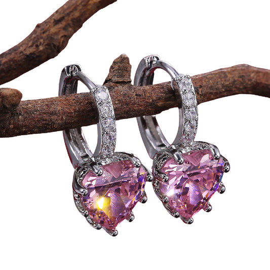 WHITE GOLD FINISH Heart Cut Pink Tourmaline Created Diamond Dangle Earrings