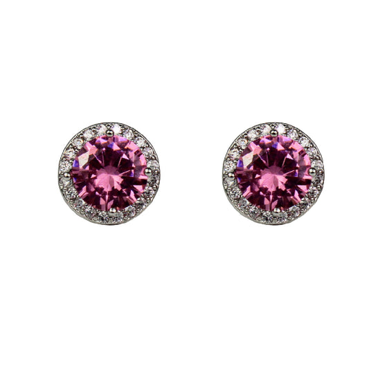 WHITE GOLD FINISH Round Cut Pink Tourmaline Created Diamond Cluster Stud Earrings