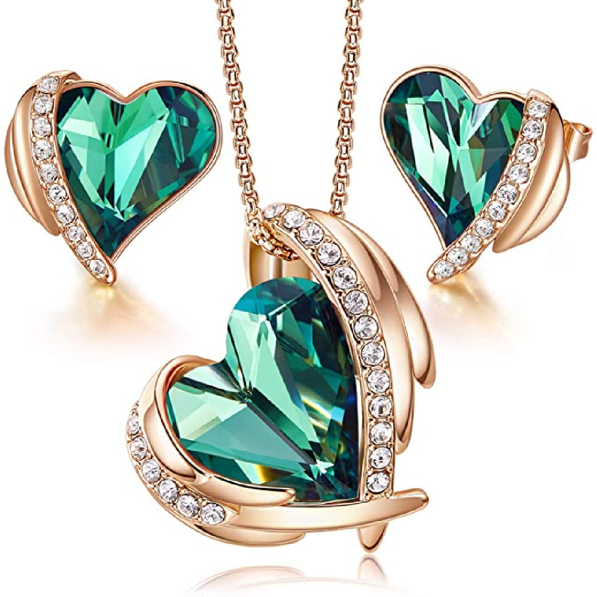 Rose Gold Finish Emerald Heart and Created Diamond Necklace Earrings