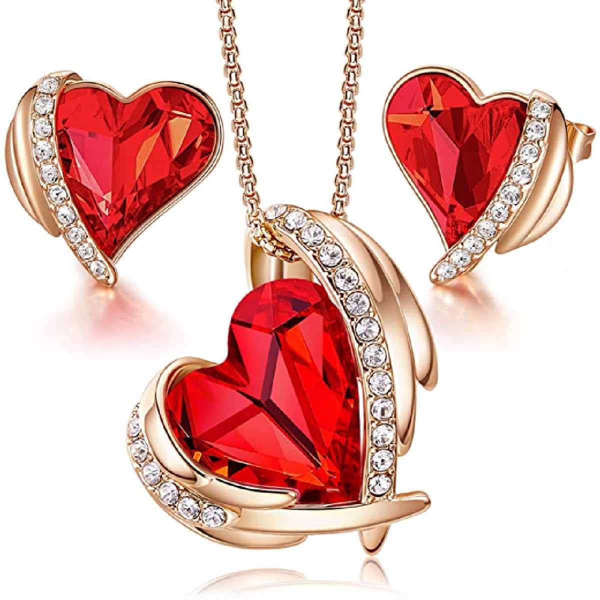 Rose gold finish heart Angel Red Ruby And created diamond necklace And Earrings