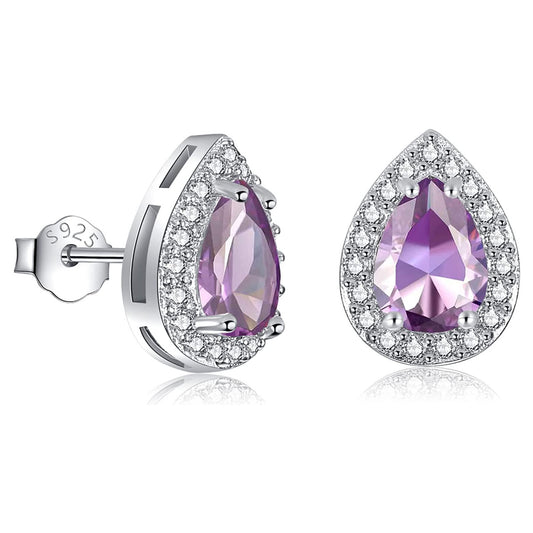 Riviera-June Birthstone Faux Diamond Teardrop Silver Stud Earrings