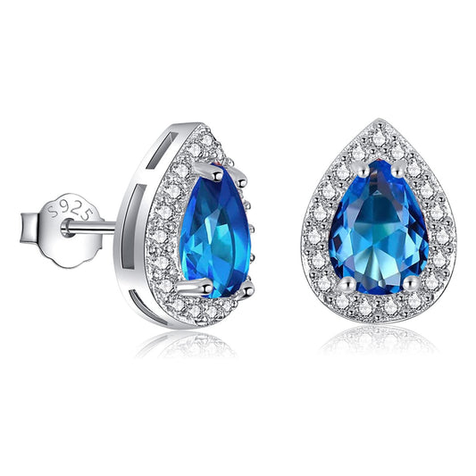 Riviera-March Birthstone Faux Diamond Teardrop Silver Stud Earrings