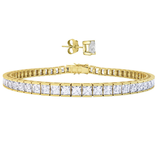 Mens yellow gold finish created diamond princess cut Bracelet and Earring set