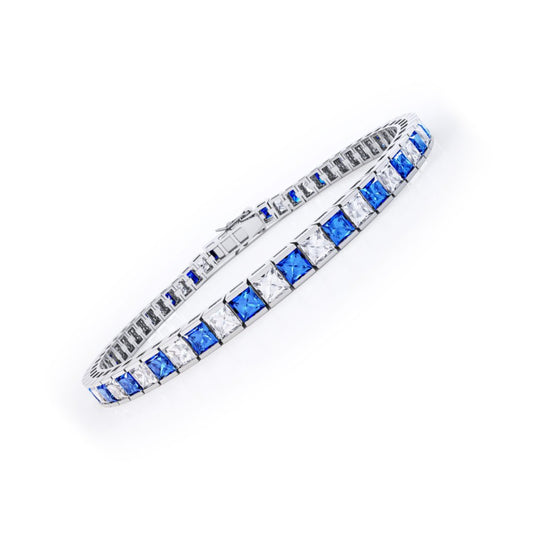 White Gold Finish Created Diamond Blue Sapphire Princess Cut Tennis Bracelet