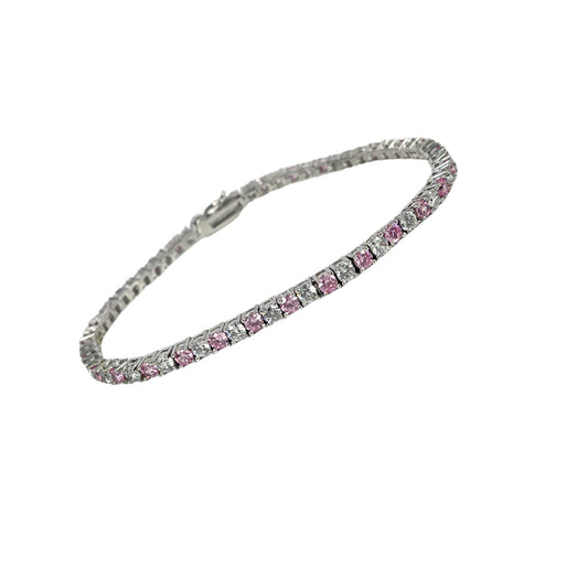 White Gold Finish Created Diamond Pink Tourmaline Round Cut Tennis Bracelet