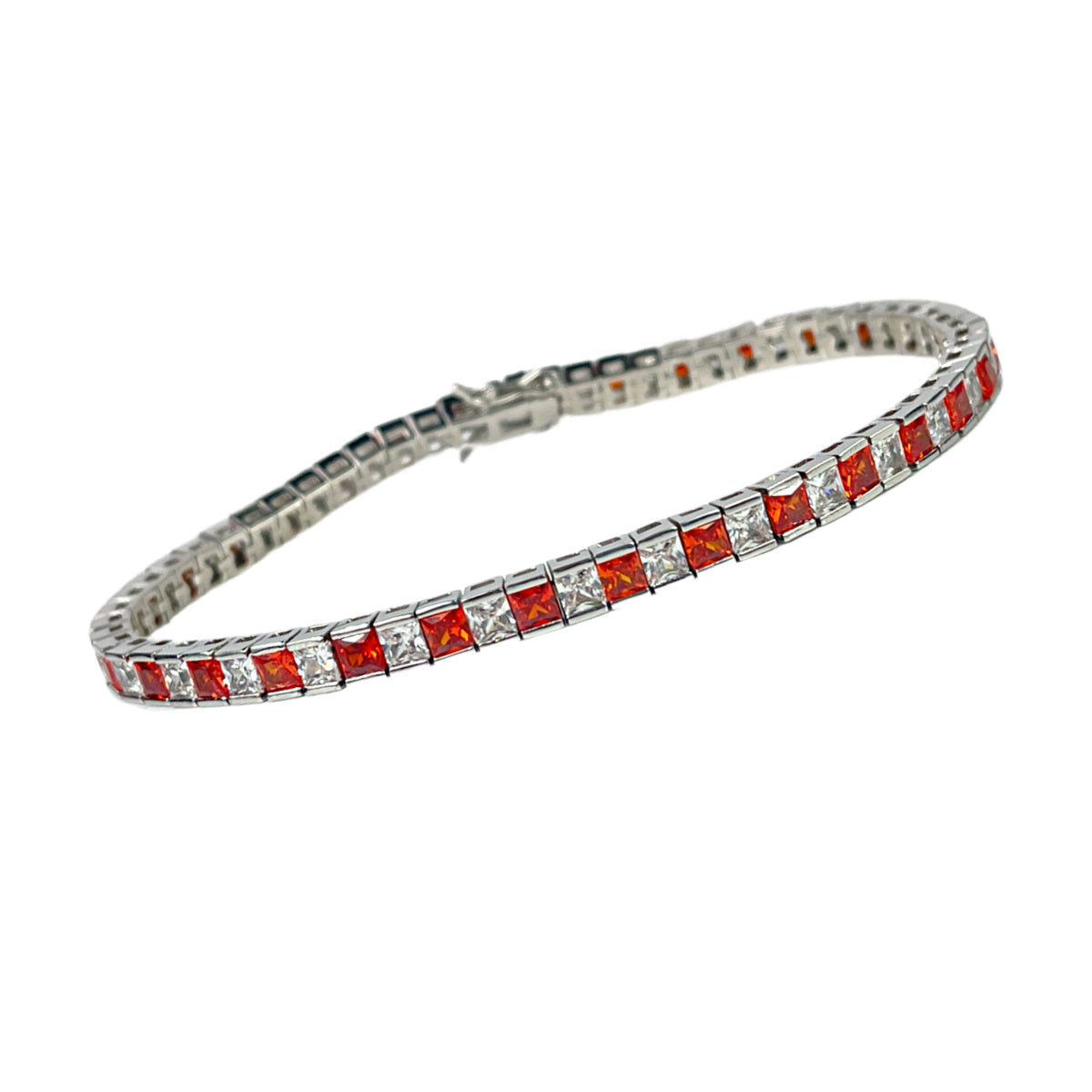 White Gold Finish Created Diamond Red Ruby Princess Cut Tennis Bracelet