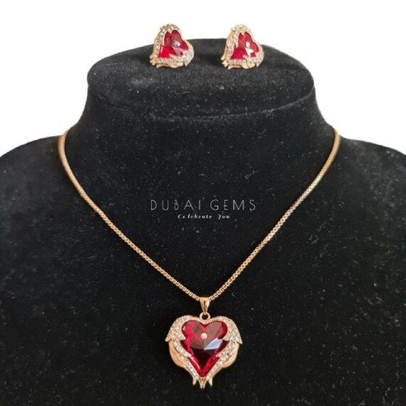 ROSE GOLD NECKLACE with earrings Ruby red heart shape cut out pendant necklace with silver outline gift for her rose gold chain July ruby