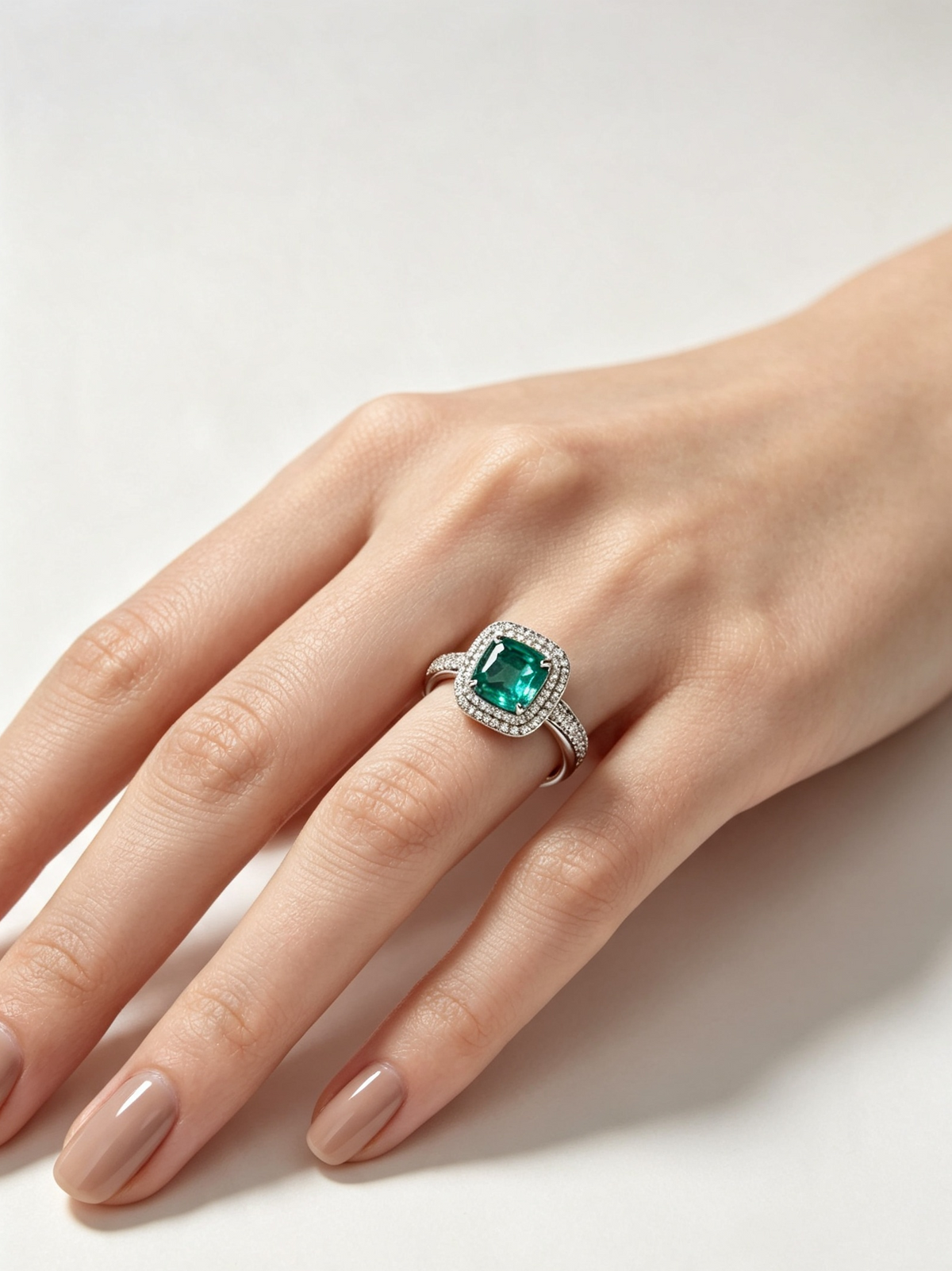 Emerald Green Cushion Cut Halo Ring