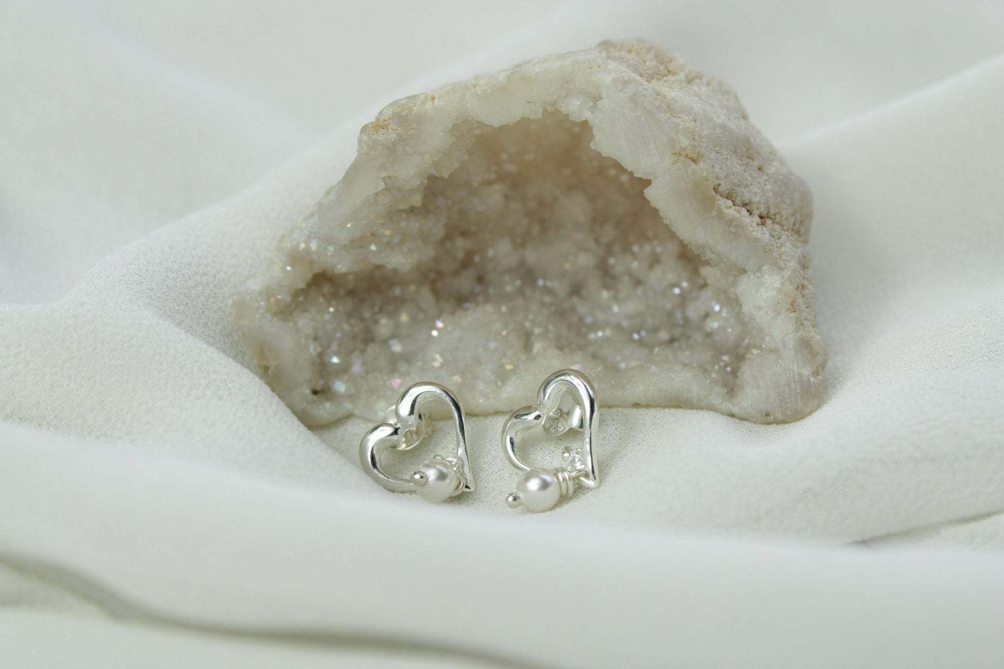 White Gold Finish Heart Design Pearl Stud Earrings