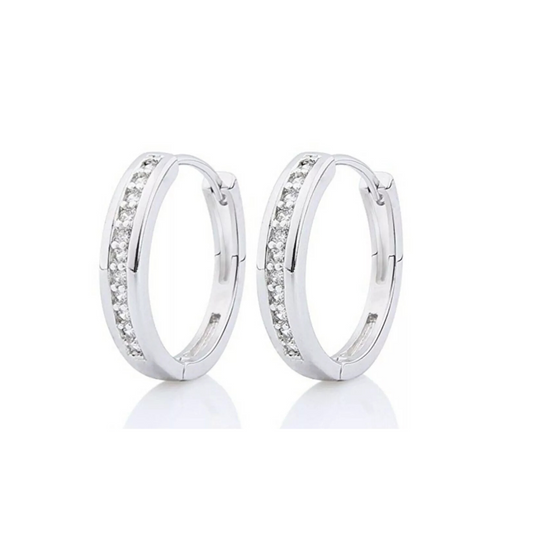 White Gold Finish Huggie Round Hoop Earrings with DG Created Diamonds