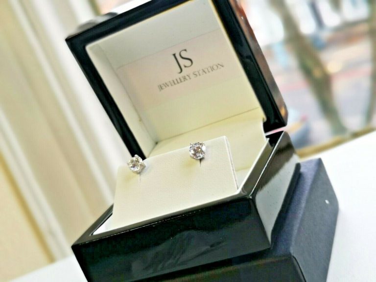 White Gold Finish Lab-Created Diamond Stud Earrings – 925 Sterling Silver – Gift Boxed