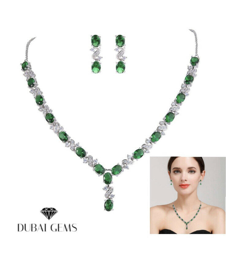 White gold finish green emerald earrings and necklace set