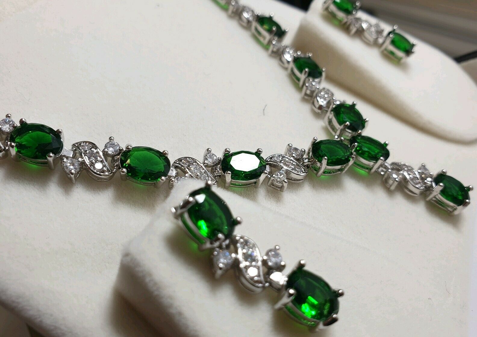 White gold finish green emerald earrings and necklace set