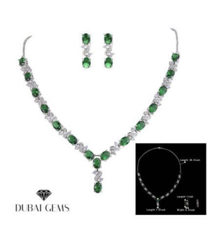 White gold finish green emerald earrings and necklace set