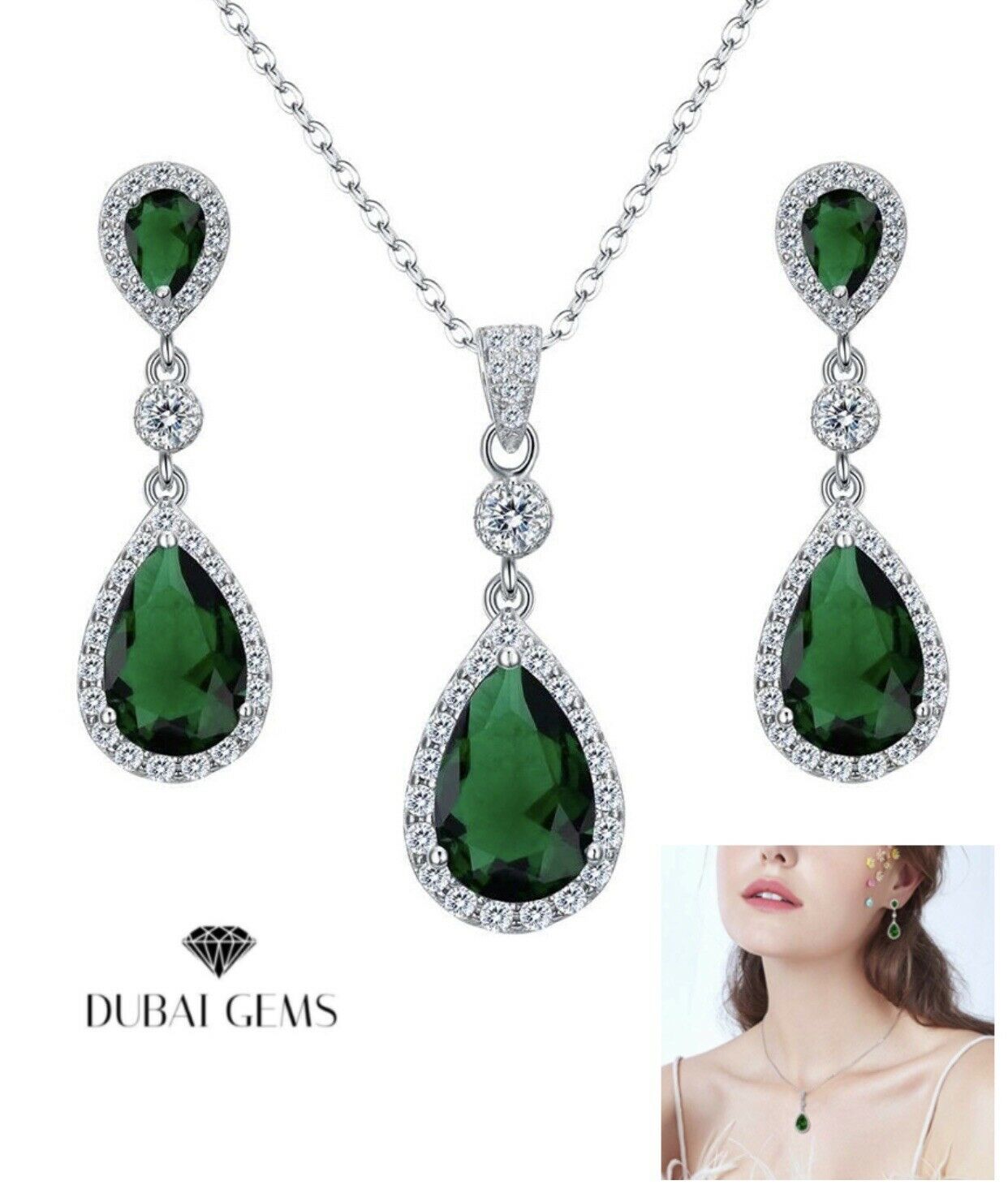 White gold finish Emerald And created diamond pearcut necklace and earrings