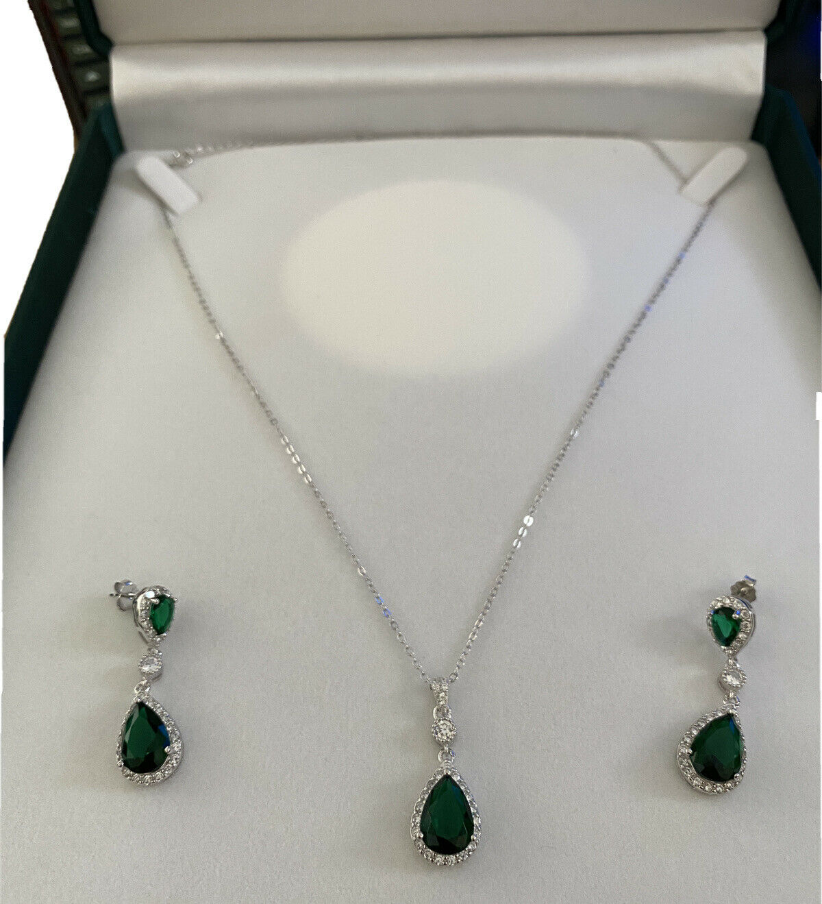 White gold finish Emerald And created diamond pearcut necklace and earrings