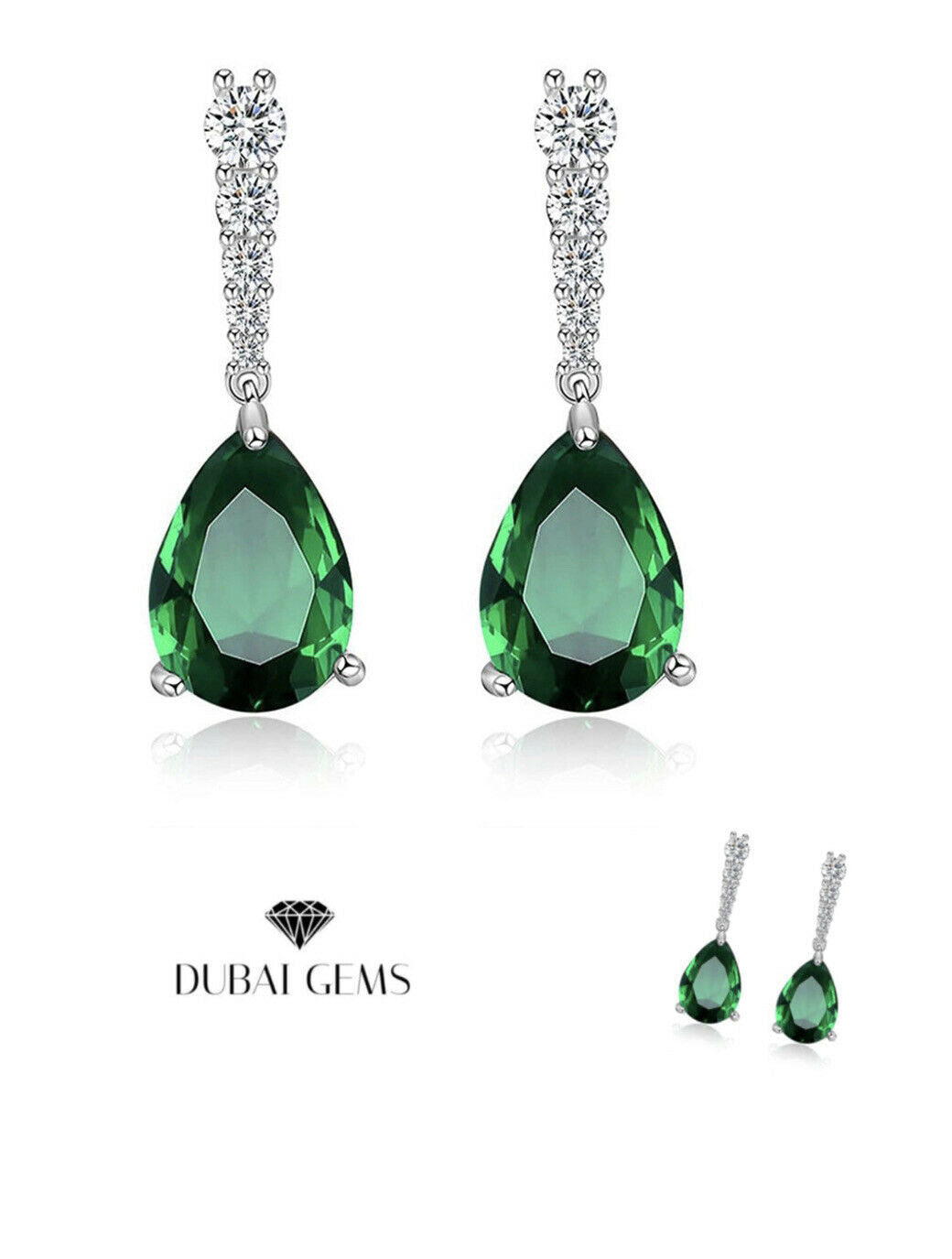 White gold finish Green Emerald And Created diamond Pear cut Droplet earrings