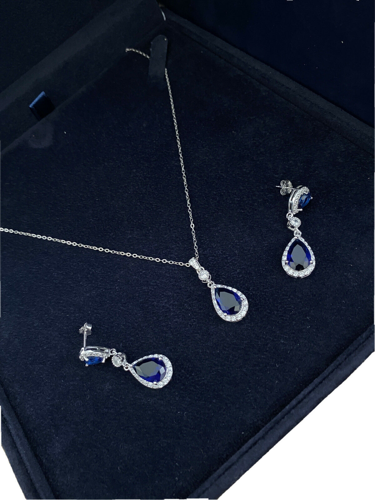 White Gold Finish Sapphire created diamond pear cut necklace and earri