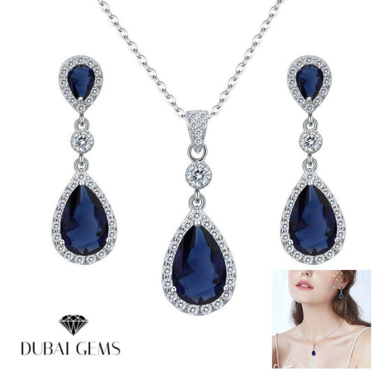 White Gold Finish Sapphire created diamond pear cut necklace and earrings set