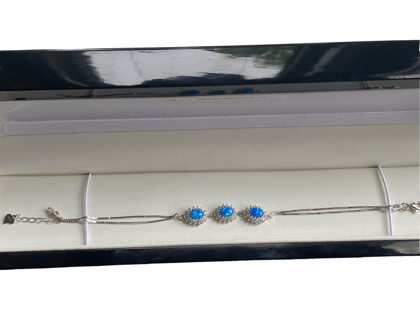 White gold finish Turquoise And Created Diamond Oval Bracelet