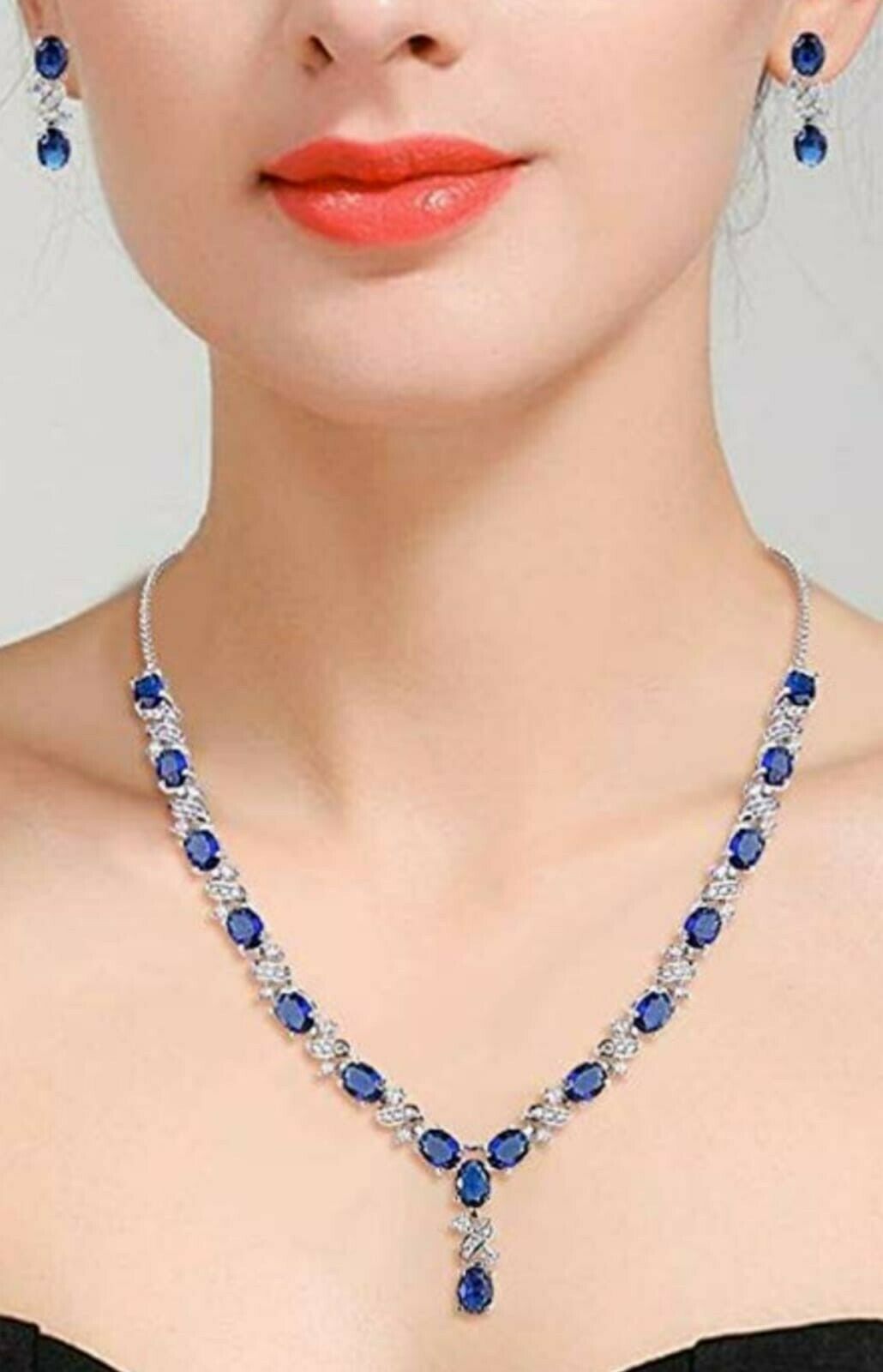 White Gold Finish Blue Sapphire Earrings & Necklace Set with Created Diamonds | Trending Elegant Jewellery Gift