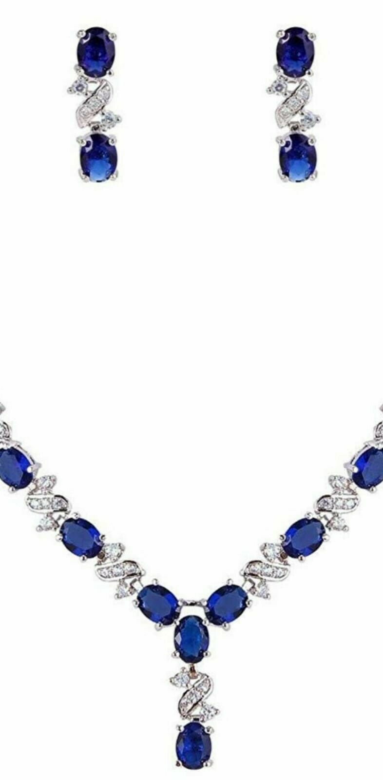 White Gold Finish Blue Sapphire Earrings & Necklace Set with Created Diamonds | Trending Elegant Jewellery Gift