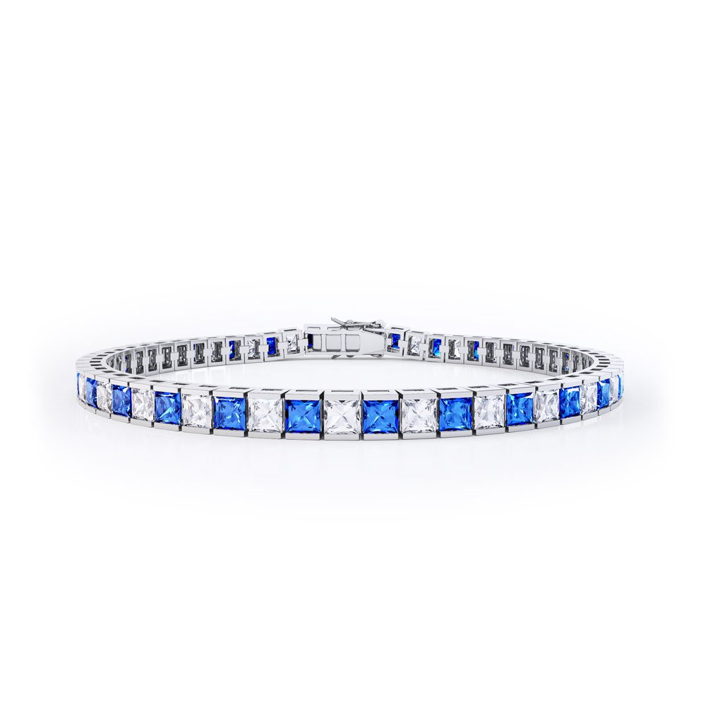 White Gold Finish Created Diamond Blue Sapphire Princess Cut Tennis Bracelet