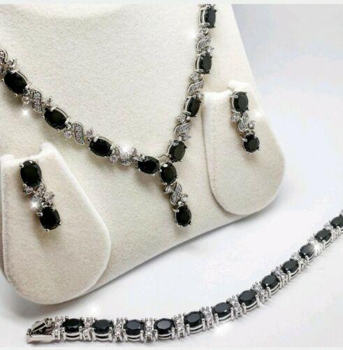 White Gold finish Black Onyx earrings and necklace set