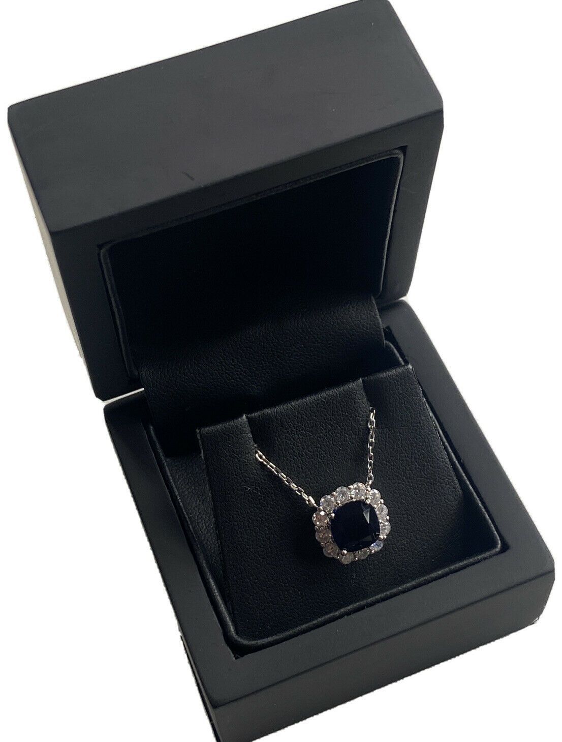 White gold finish Cushion Cut Sapphire And Created Diamond pendant Necklace