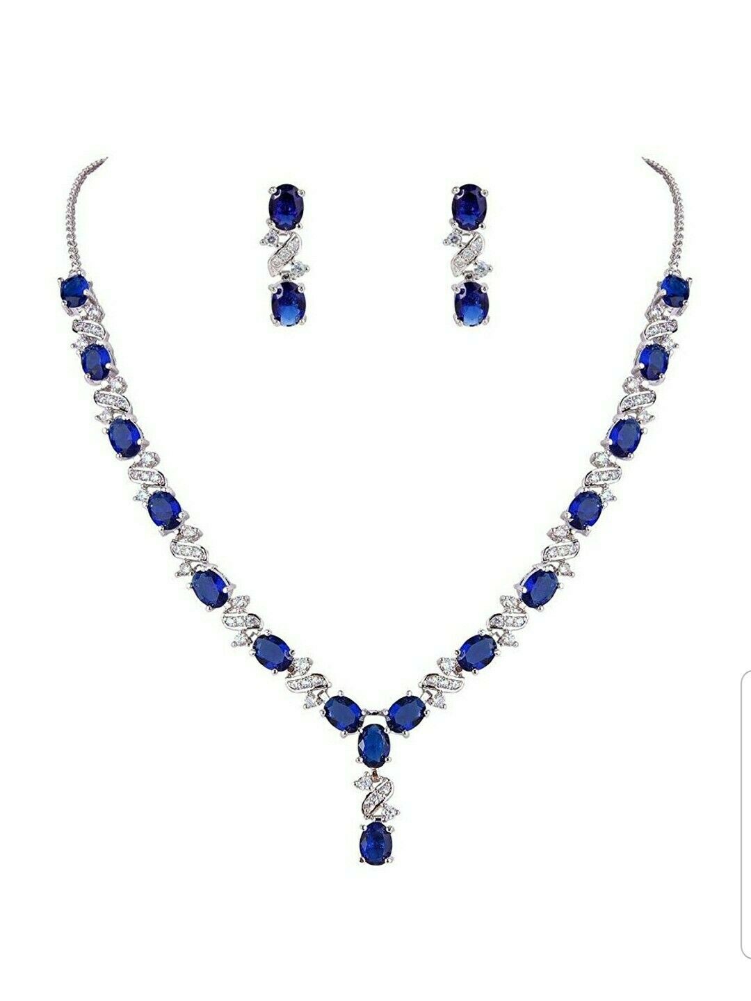 White Gold Finish Blue Sapphire Earrings & Necklace Set with Created Diamonds | Trending Elegant Jewellery Gift