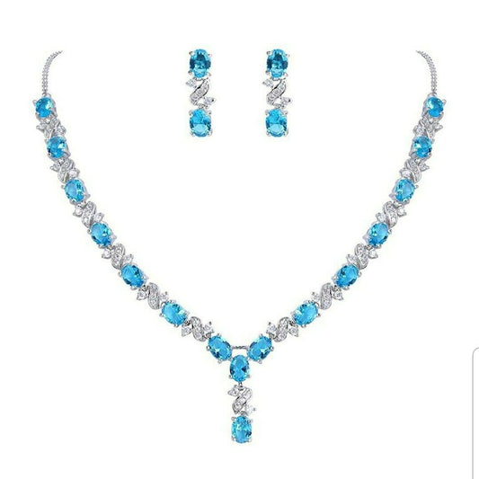 White gold finish blue turquoise earrings and necklace set