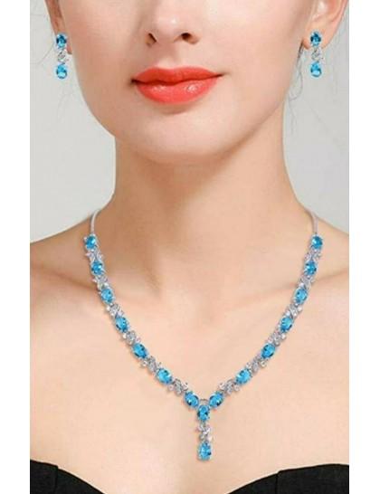 White gold finish blue turquoise earrings and necklace set