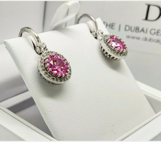 White gold finish pink tourmaline created diamond round cut droplet earrings