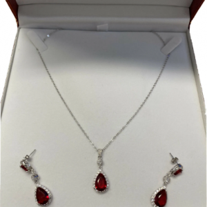 White gold finish Red Ruby created diamond pearcut necklace and earrings Gift