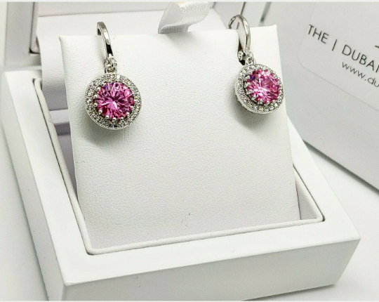 White gold finish pink tourmaline created diamond round cut droplet earrings