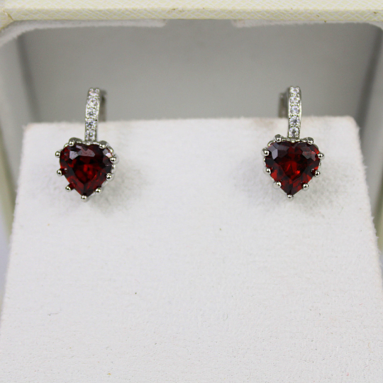 WHITE GOLD FINISH Red Ruby Heart Cut Created Diamond Dangle Earrings