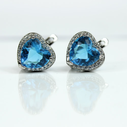 White Gold Finish Created Diamond Blue Topaz Heart Cut Lever back Stud Earrings