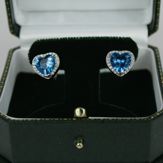 White Gold Finish Created Diamond Blue Topaz Heart Cut Lever back Stud Earrings