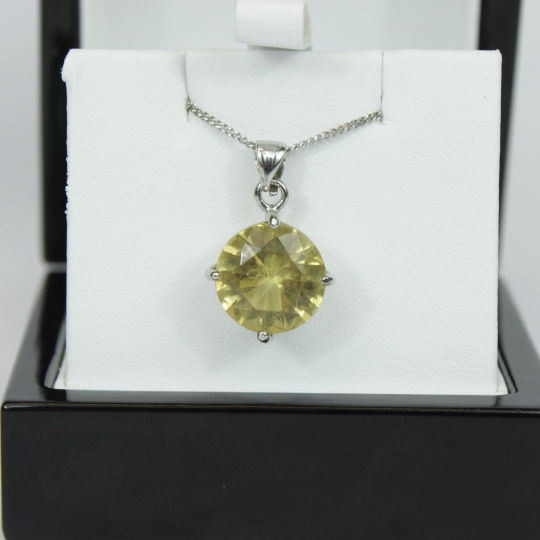 White Gold Finish yellow citrine Classic Round Cut Pendant Necklace